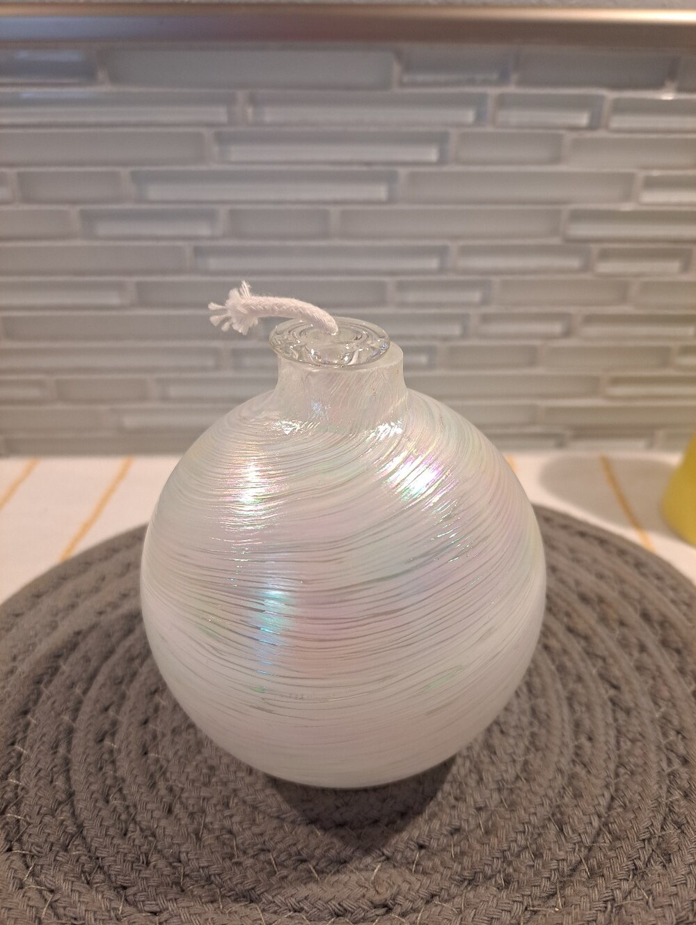 Hand Blown Glass Oil Lamp White Pearl Iridescent Round Ball - NEW